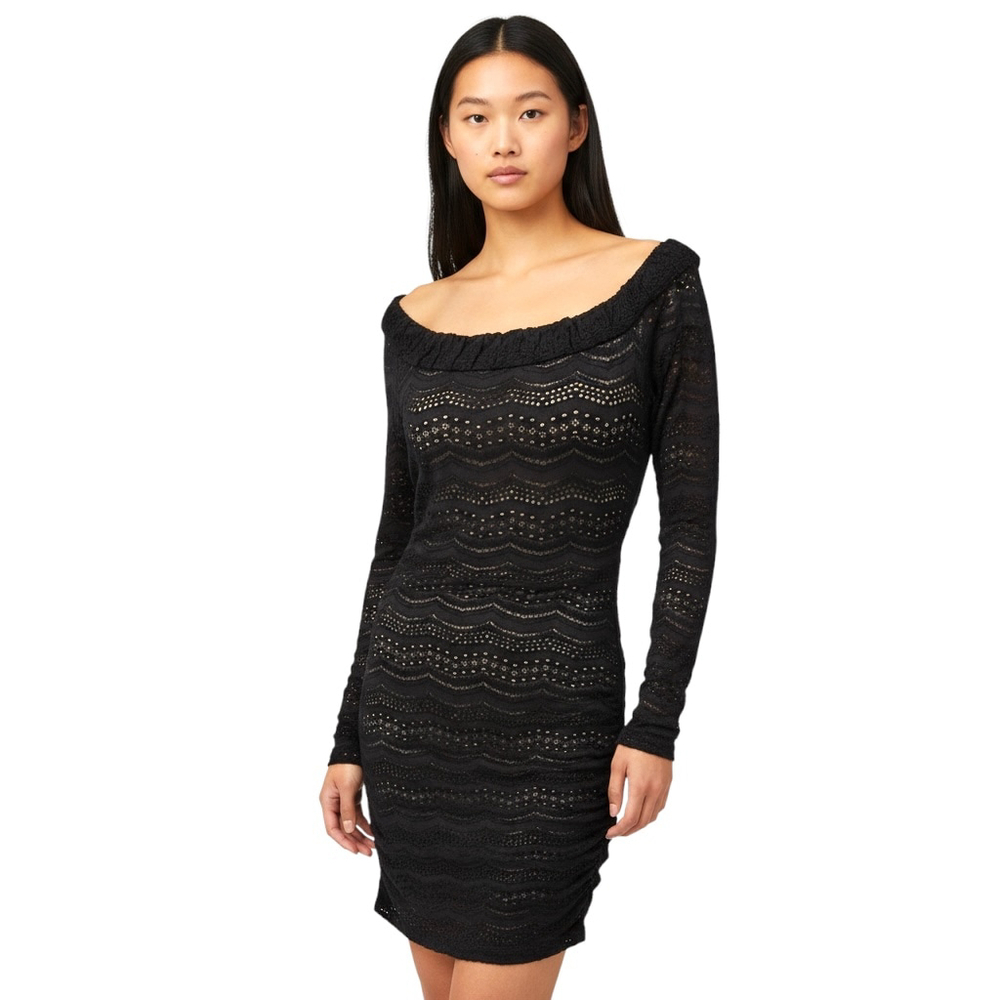 Women's BCBGMAXAZRIA Black Nude Lace Off-Shoulder Mini Dress S